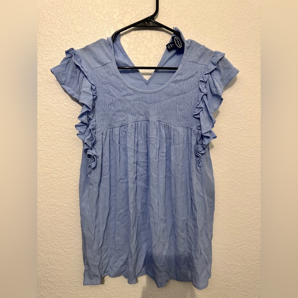 Blue Ruffle Cap-Sleeve Blouse